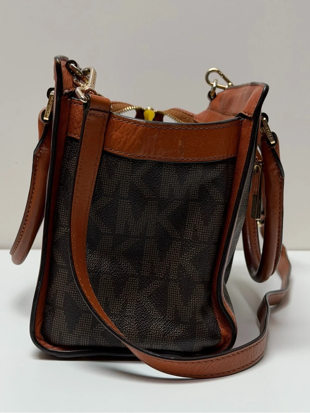 Michael Kors Brown & Tan Logo Satchel with Gold Hardware